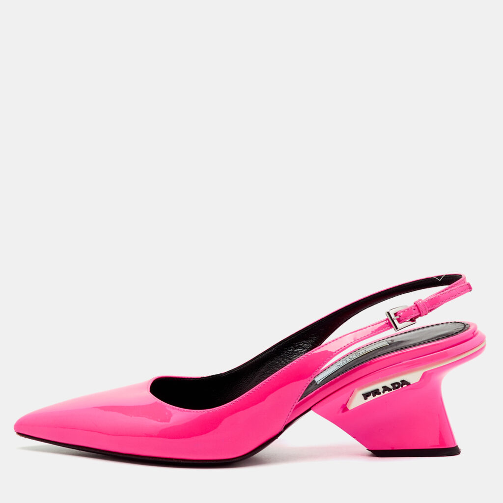 Prada Pink Patent Leather Logo Pointed Toe Wedge Slingback Pumps Size 37.5