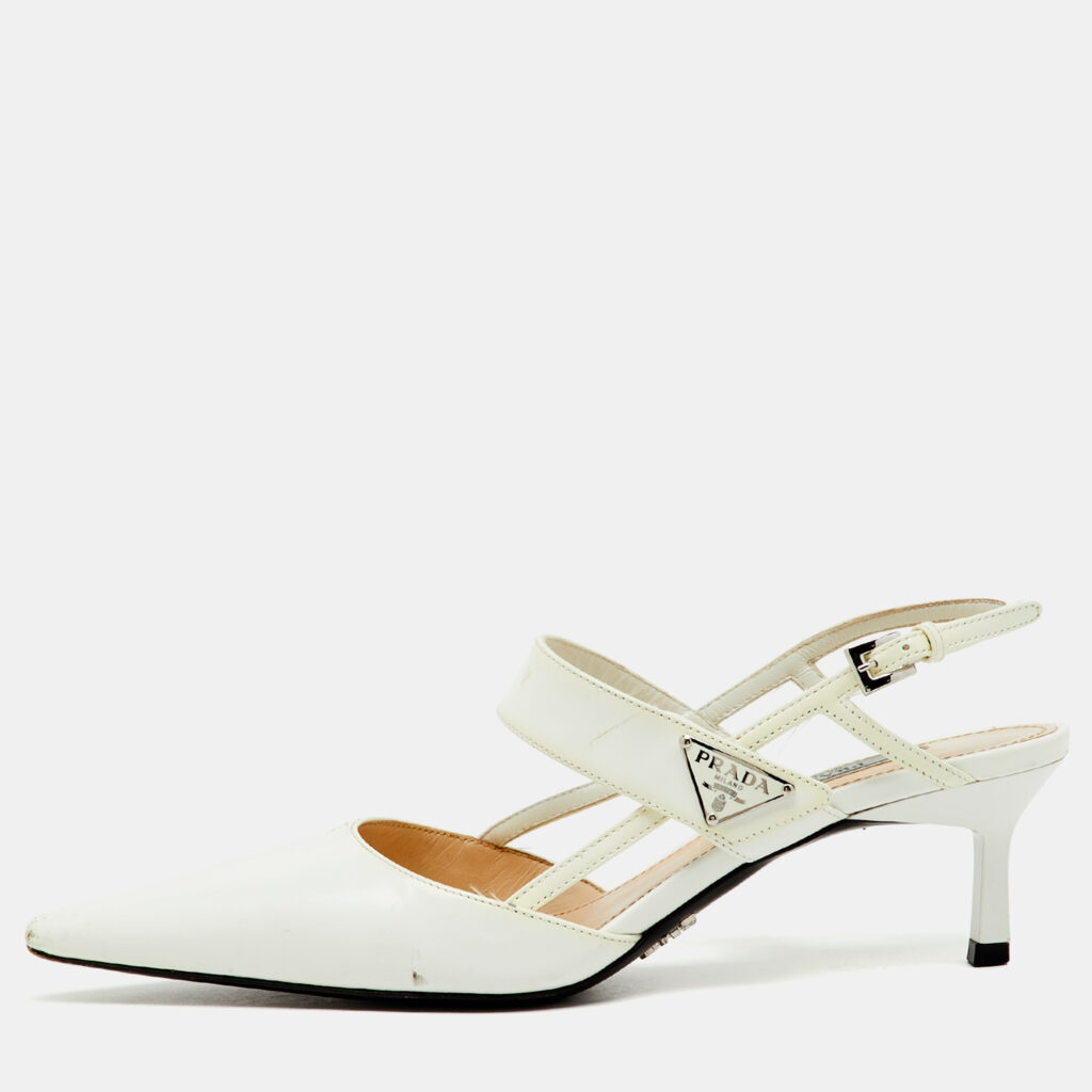 Prada White Leather Logo Pointed Toe Slingback Pumps Size 36