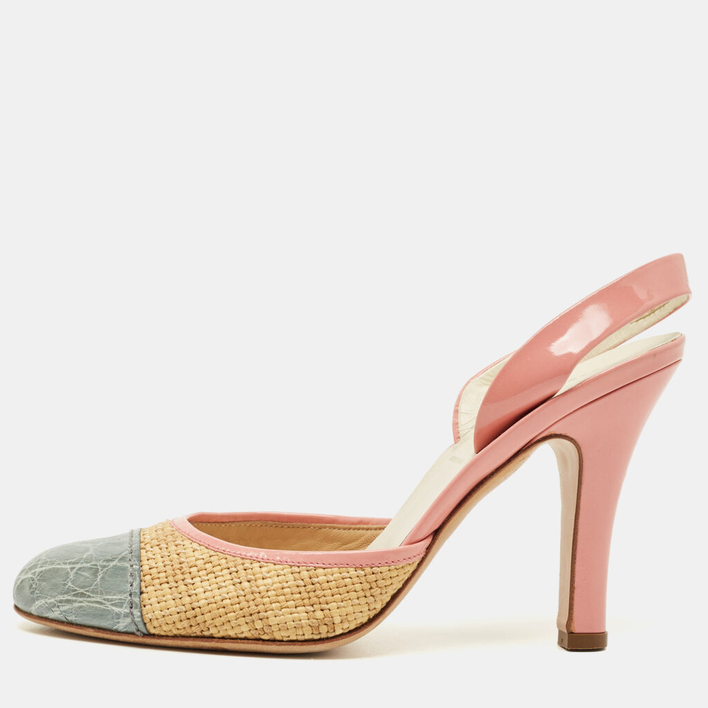 Prada Multicolor Croc Embossed Leather and Raffia Slingback Pumps Size 36