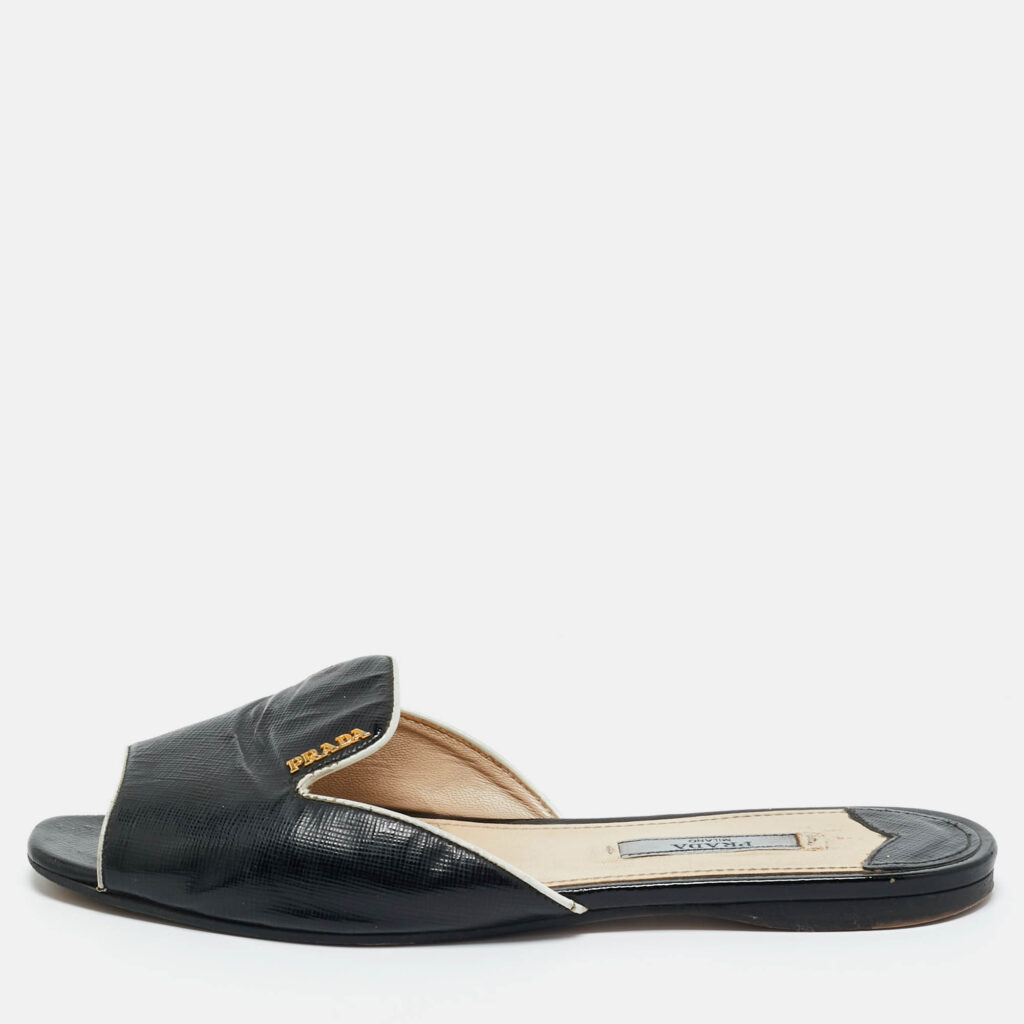Prada Black Saffiano Patent Leather Flat Slide Size 37 Prada Black Saffiano Patent Leather Flat Slide Size 37
