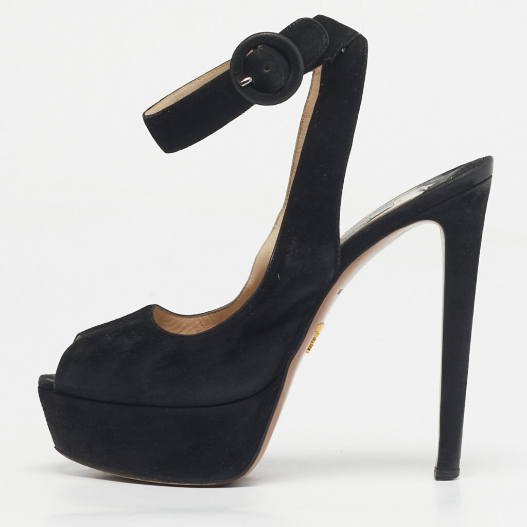 Prada Black Suede Peep Toe Ankle Strap Pumps Size 38