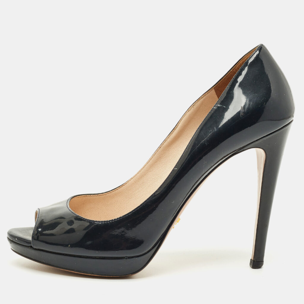 Prada Navy Blue Patent Leather Peep Toe Pumps Size 39.5