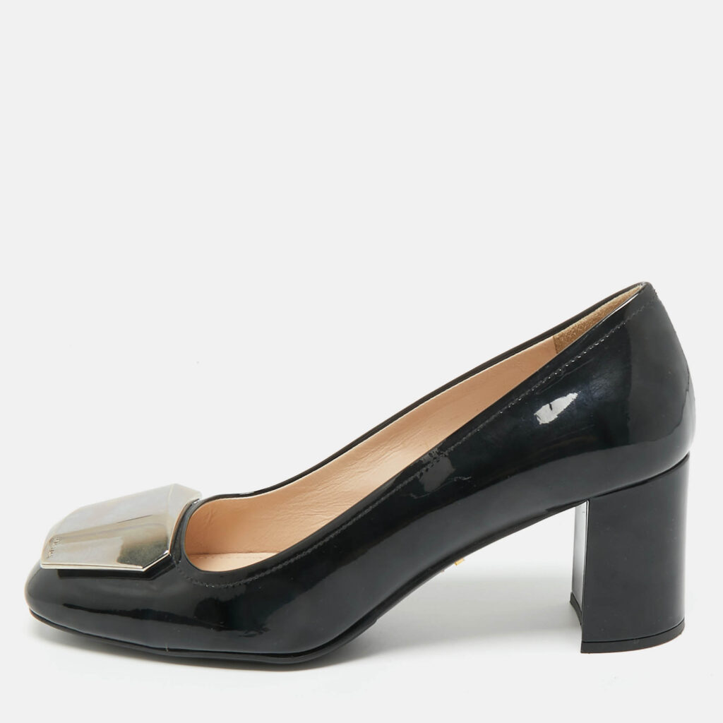 Prada Black Patent Leather Block Heel Pumps Size 37