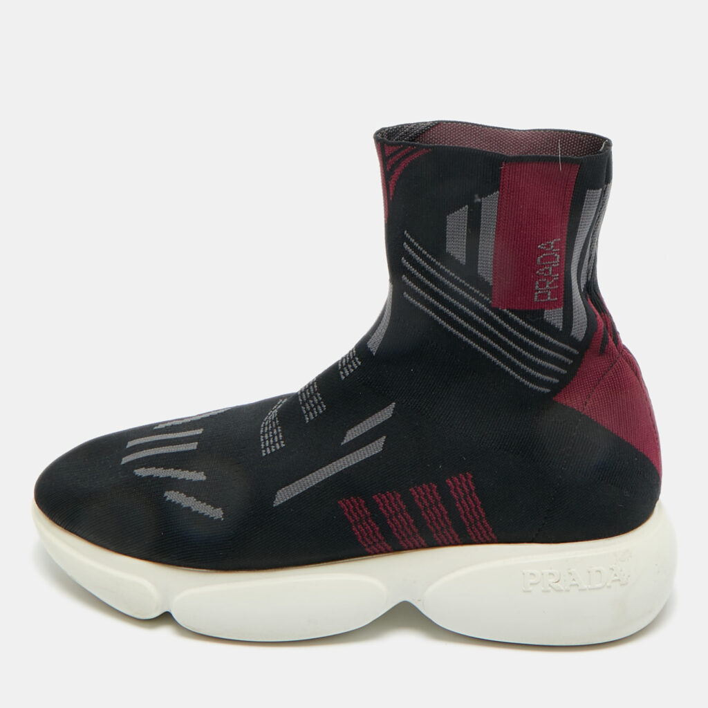Prada Black/Burgundy Knit Fabric Sock Runner High Top Sneakers Size 36.5 Prada Black/Burgundy Knit Fabric Sock Runner High Top Sneakers Size 36.5