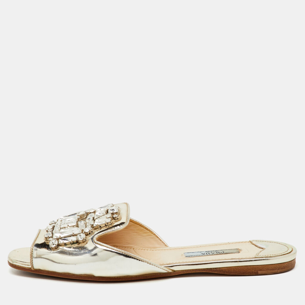 Prada Silver Foil Leather Crystal Embellished Flat Slide Sandals Size 37