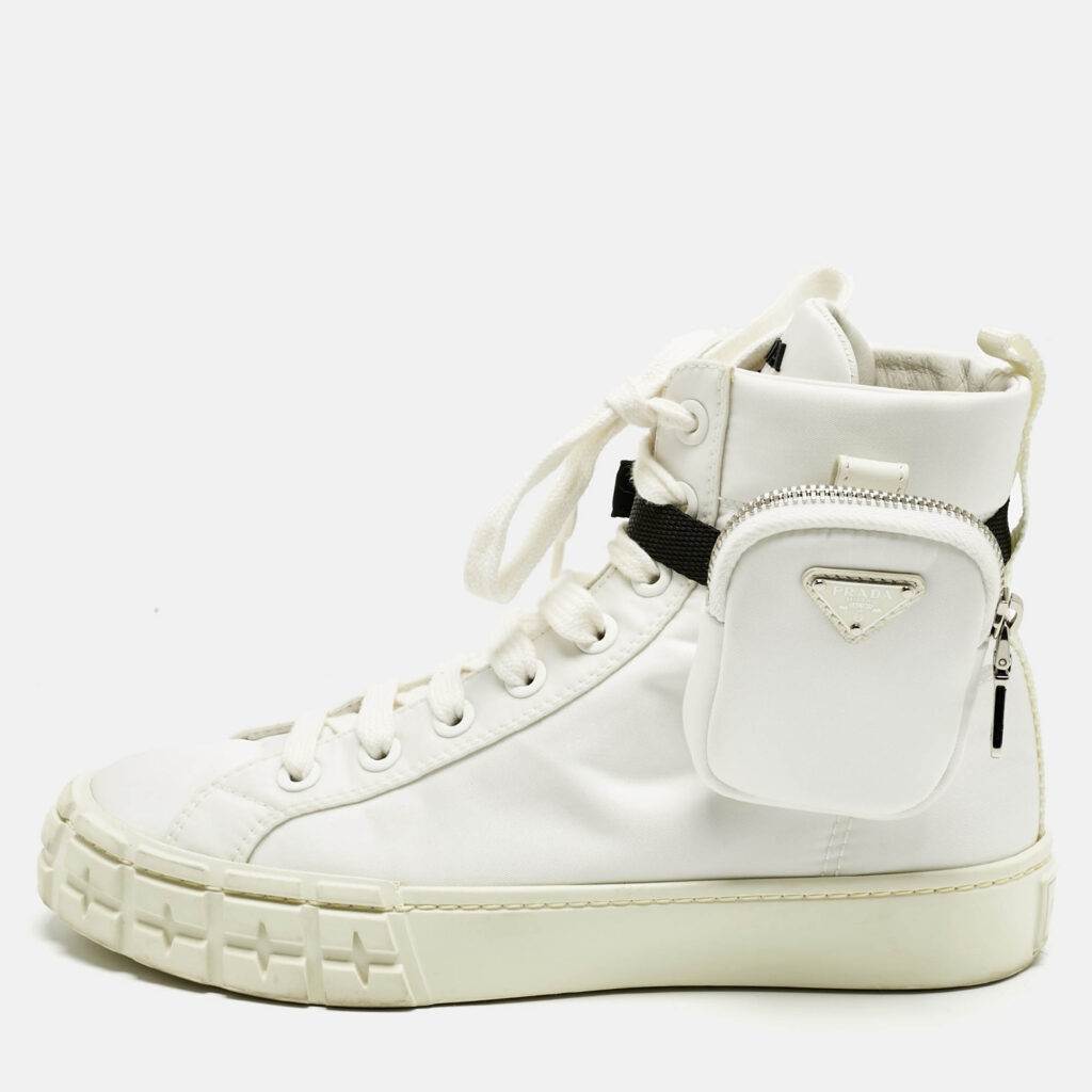 Prada White Re-Nylon Gabardine Metal Triangle Pouch Pocket Sneakers Size 39