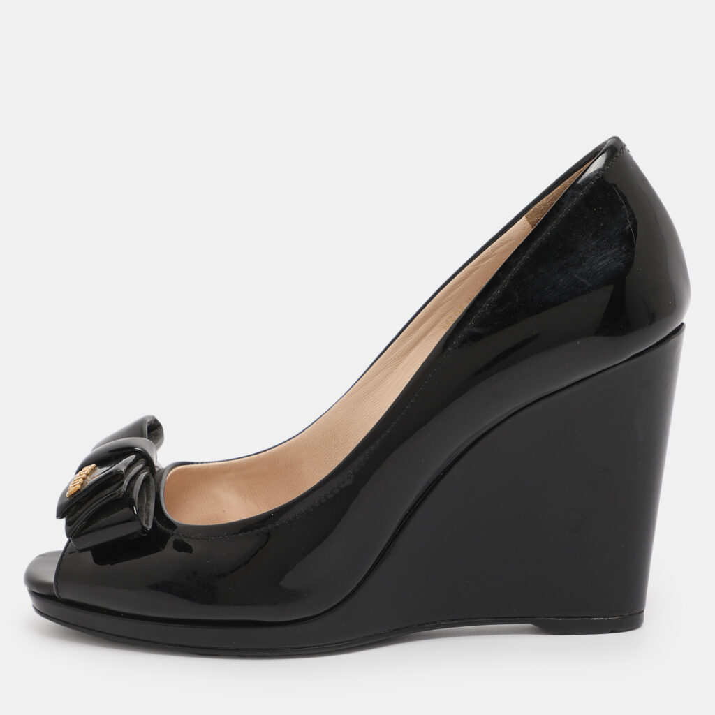 Prada Black Patent Leather Bow Peep Toe Wedge Pumps Size 35.5