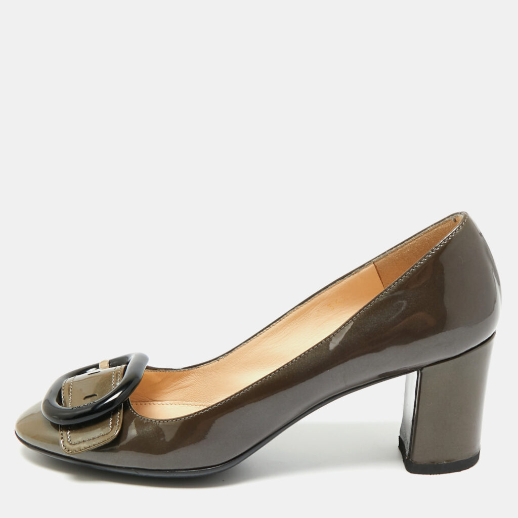 Prada Green Patent Leather Block Heel Pumps Size 36.5