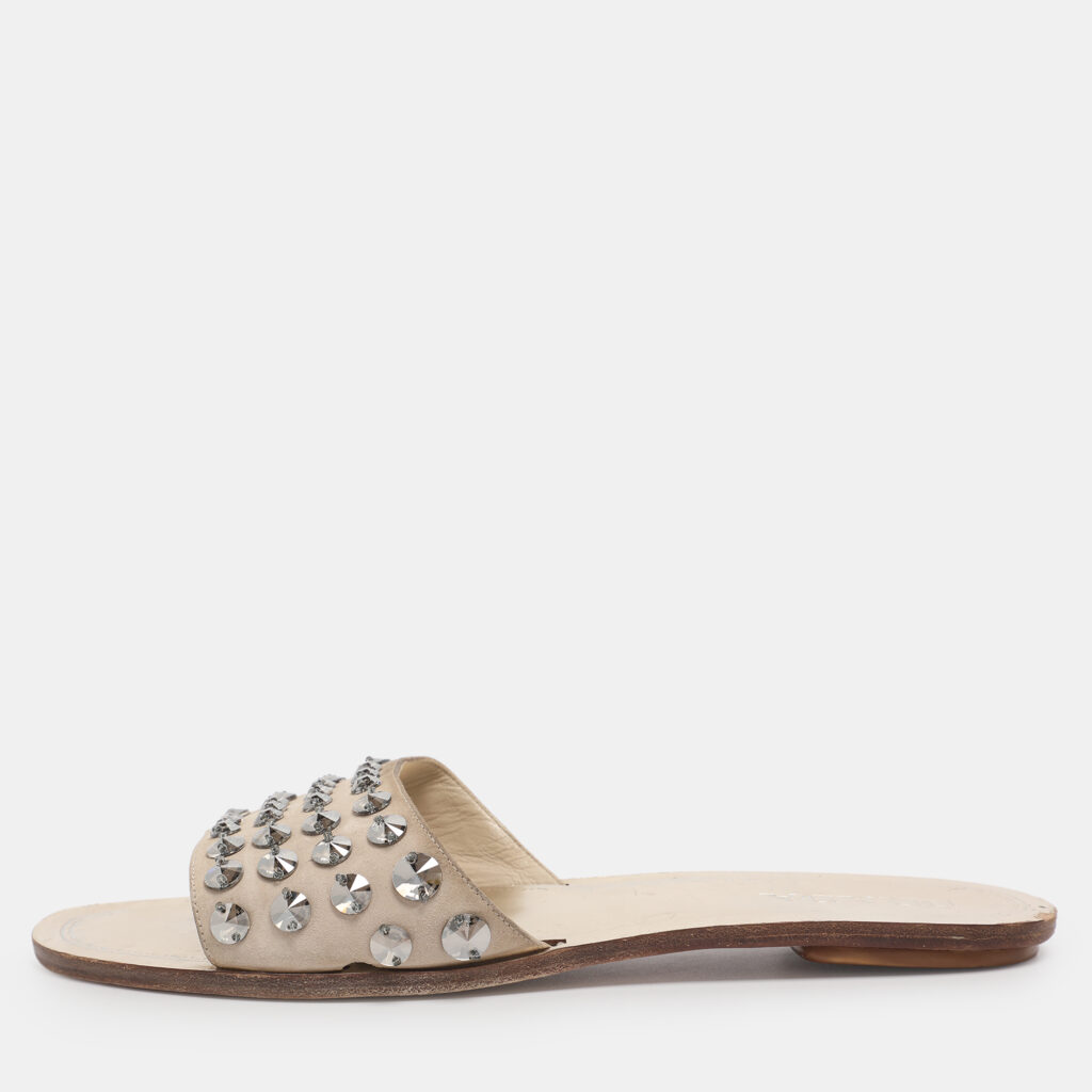 Prada Beige Suede Crystal Embellished Slide Sandals Size 40.5