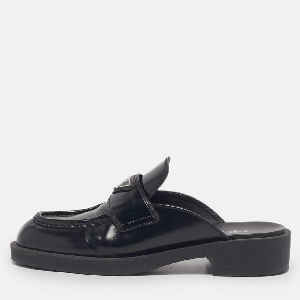 Prada Black Brushed Leather Logo Mules Size 39 Prada Black Brushed Leather Logo Mules Size 39