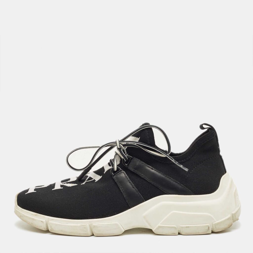 Prada Black Knit Fabric and Leather Lace Up Sneakers Size 35 Prada Black Knit Fabric and Leather Lace Up Sneakers Size 35