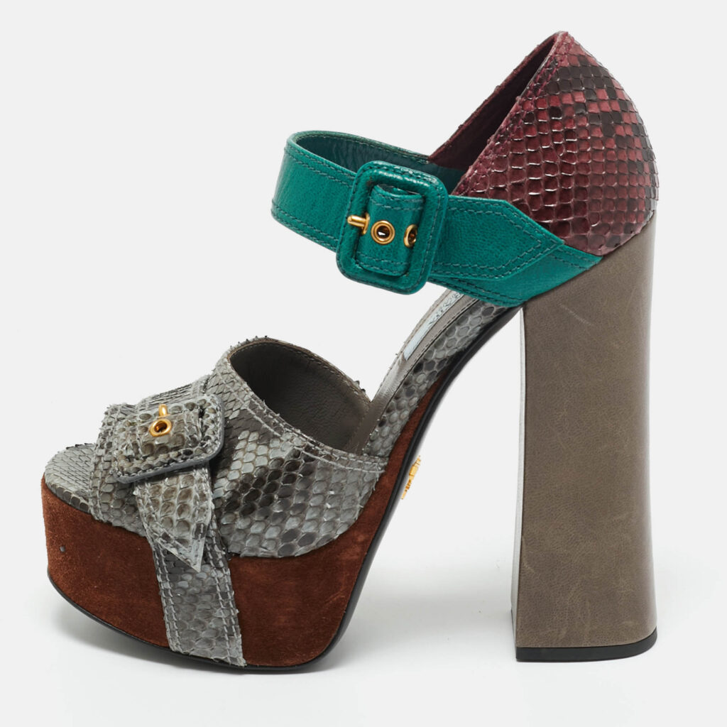 Prada Multicolor Python and Leather Ankle Strap Platform Sandals Size 37.5 Prada Multicolor Python and Leather Ankle Strap Platform Sandals Size 37.5