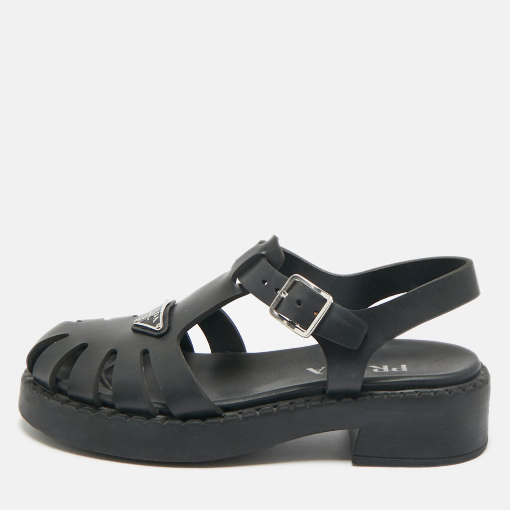 luxury-women-prada-used-shoes-p1220960-001.jpg Prada Black Rubber Monolith Ankle Strap Sandals Size 40