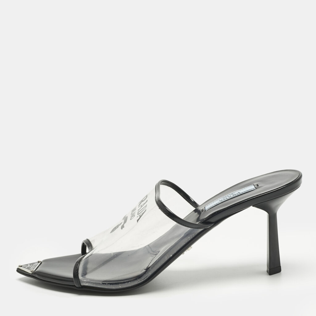 Prada Transparent PVC Logo Open Toe Mules Size 39.5