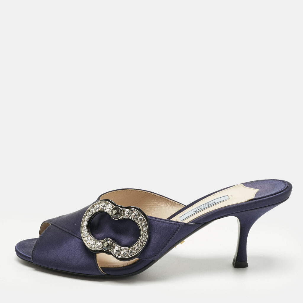 Prada Navy Blue Satin Crystal Embellished Slide Sandals Size 38 Prada Navy Blue Satin Crystal Embellished Slide Sandals Size 38