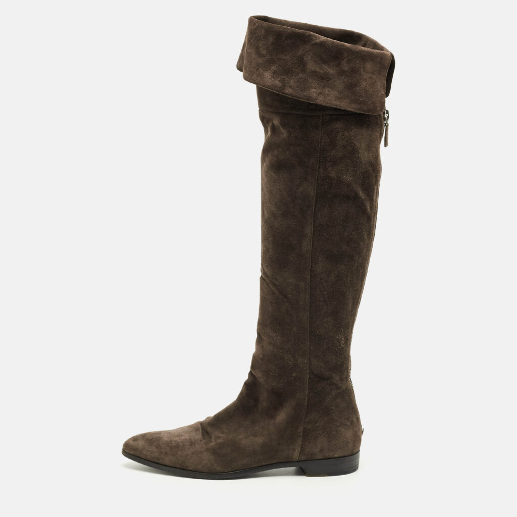luxury-women-prada-used-shoes-p1222882-010.jpg Prada Dark Brown Suede Fold Over Knee Length Boots Size 40