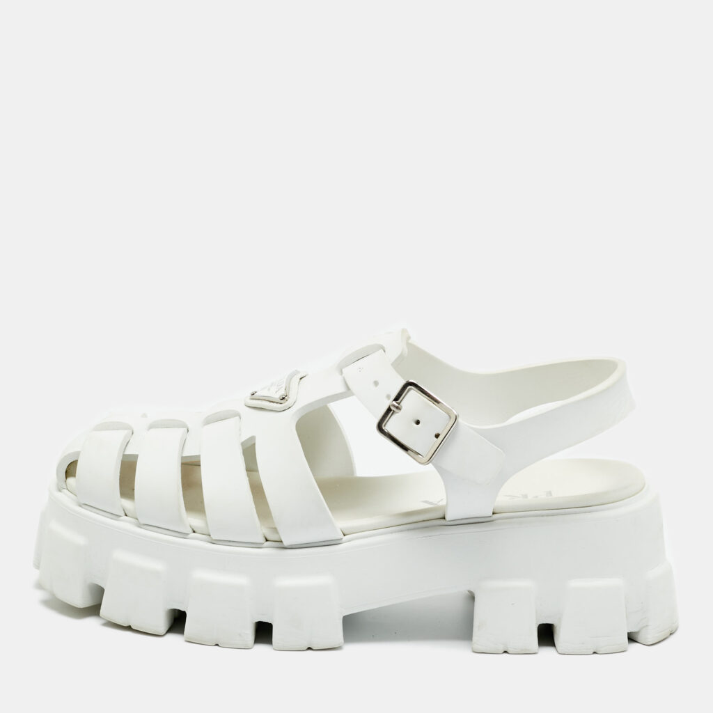 Prada White Leather Monolith Ankle Strap Sandals Size 39