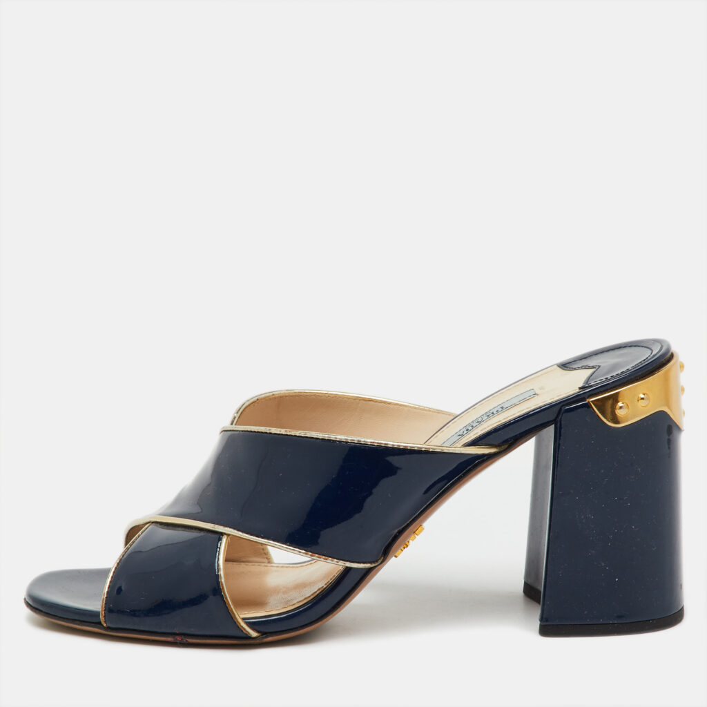 Prada Navy Blue Patent Leather Criss Cross Block Heel Slide Sandals Size 40.5