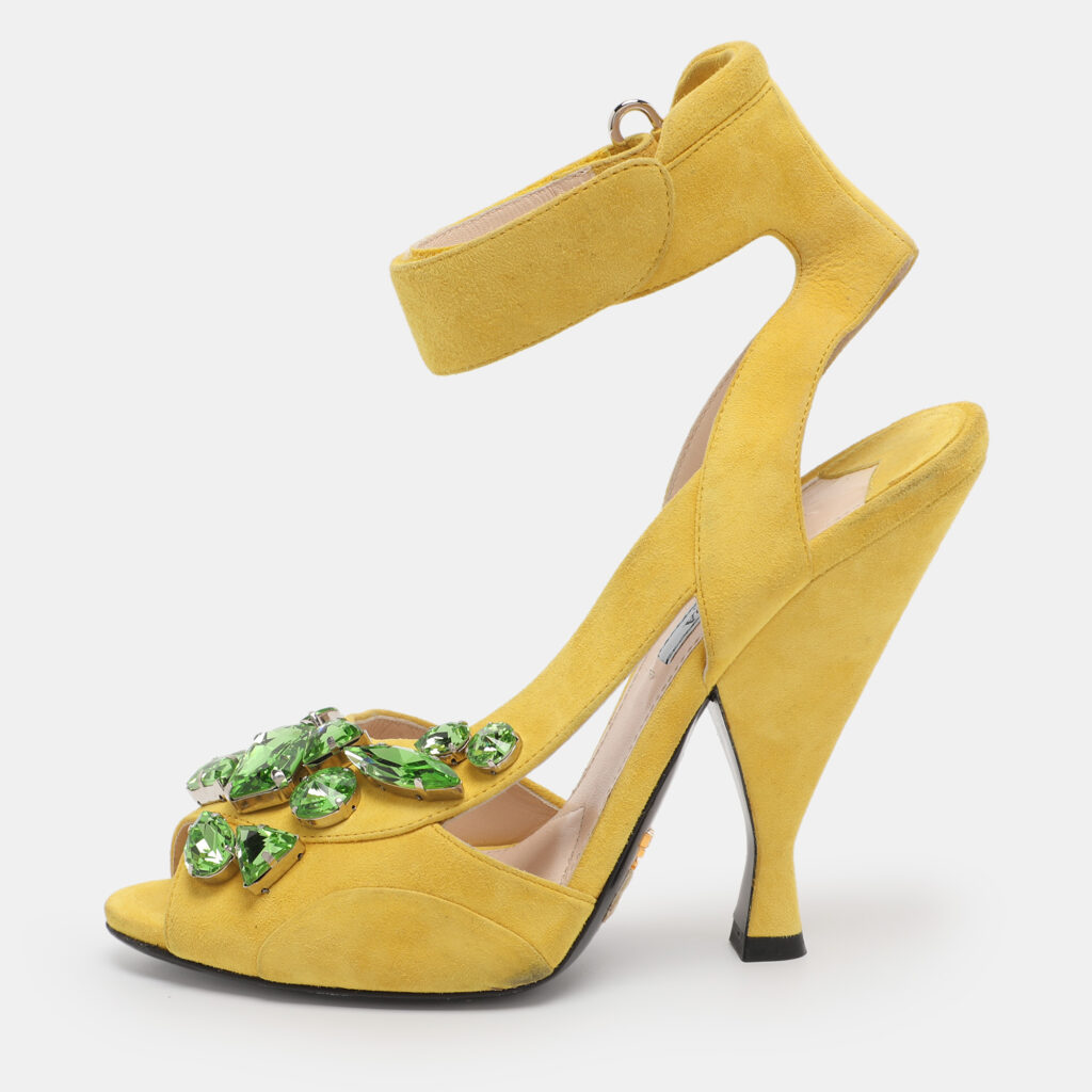 luxury-women-prada-used-shoes-p1224700-002.jpg Prada Yellow Crystal Embellished Suede Leather Ankle Cuff Sandals Size 38.5