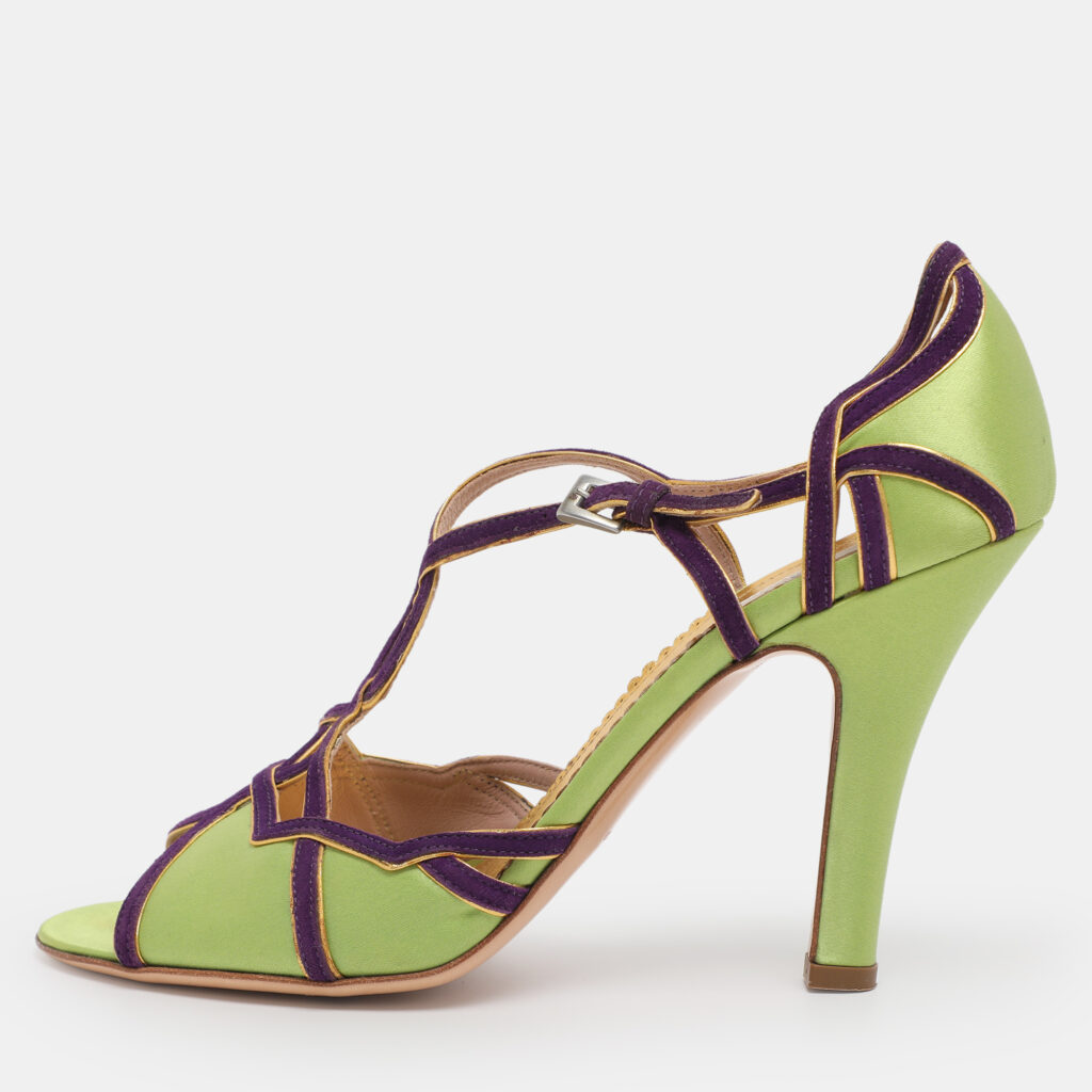 luxury-women-prada-used-shoes-p1224706-001-1.jpg Prada Green/Purple Satin and Suede Ankle Strap Sandals Size 38.5
