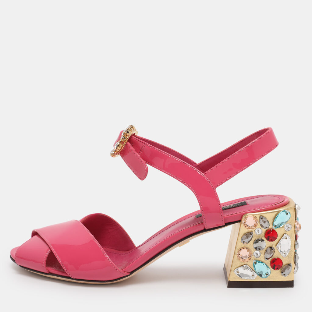 luxury-women-prada-used-shoes-p1224896-001-1.jpg Dolce & Gabbana Pink Patent Leather Crystal Embellished Heel Ankle Strap Sandals Size 38.5
