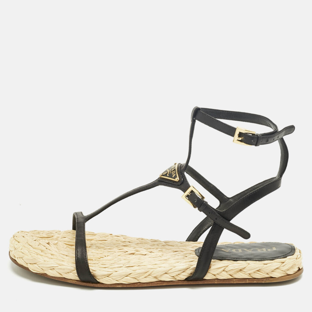 luxury-women-prada-used-shoes-p1228137-010-1.jpg Prada Black Leather Ankle Strap Espadrille Sandals Size 41