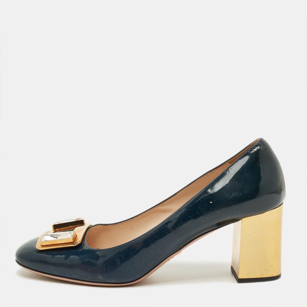 Prada Teal Green Patent Leather Buckle Crystal Pumps Size 38.5 Prada Teal Green Patent Leather Buckle Crystal Pumps Size 38.5