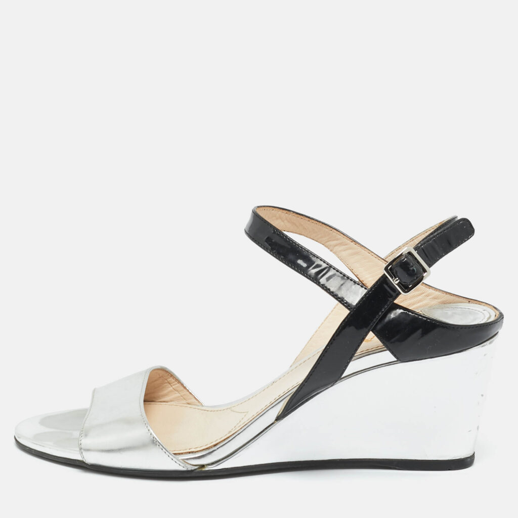 luxury-women-prada-used-shoes-p1229062-010-1.jpg Prada Black/Silver Patent Leather Wedge Slingback Sandals Size 38.5