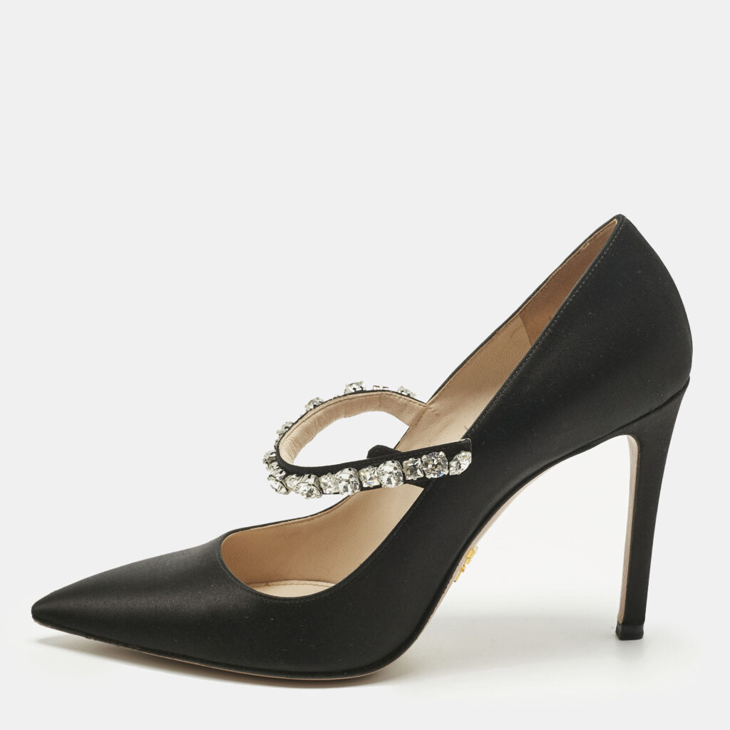 Prada Black Satin Crystal Embellished Pointed Toe Pumps Size 37