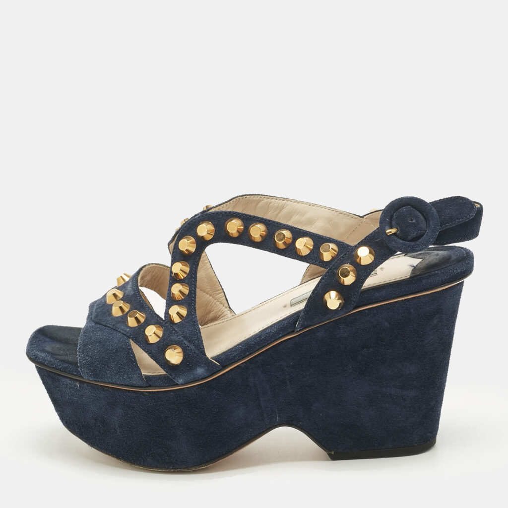 Prada Navy Blue Suede Studded Wedge Sandals Size 36