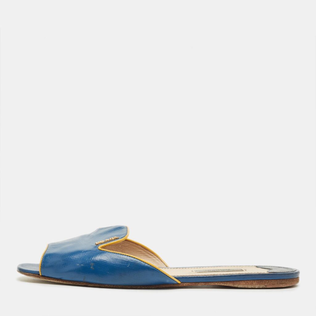 Prada Blue Saffiano Patent Leather Flat Slide Sandals Size 40 Prada Blue Saffiano Patent Leather Flat Slide Sandals Size 40