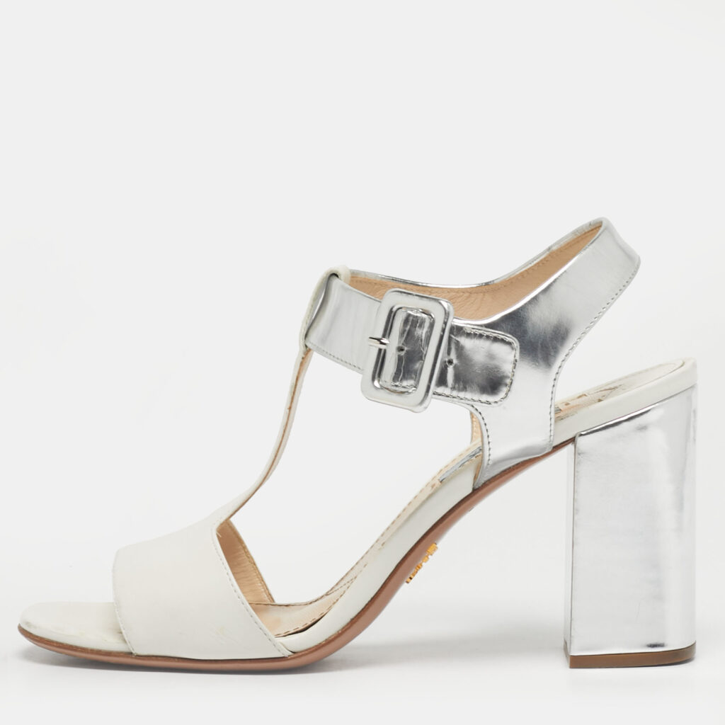 Prada White/Silver Leather Block Heel Ankle Strap Sandals Size 38