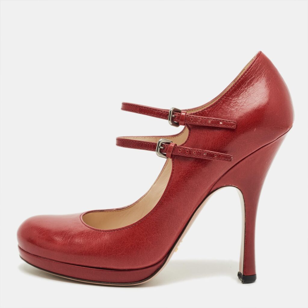 Prada Red Leather Mary Jane Pumps Size 38