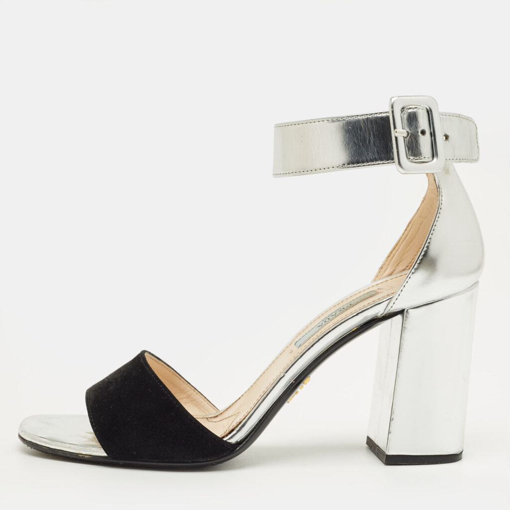 Prada Silver Patent Leather and Suede Ankle Strap Sandals Size 37.5