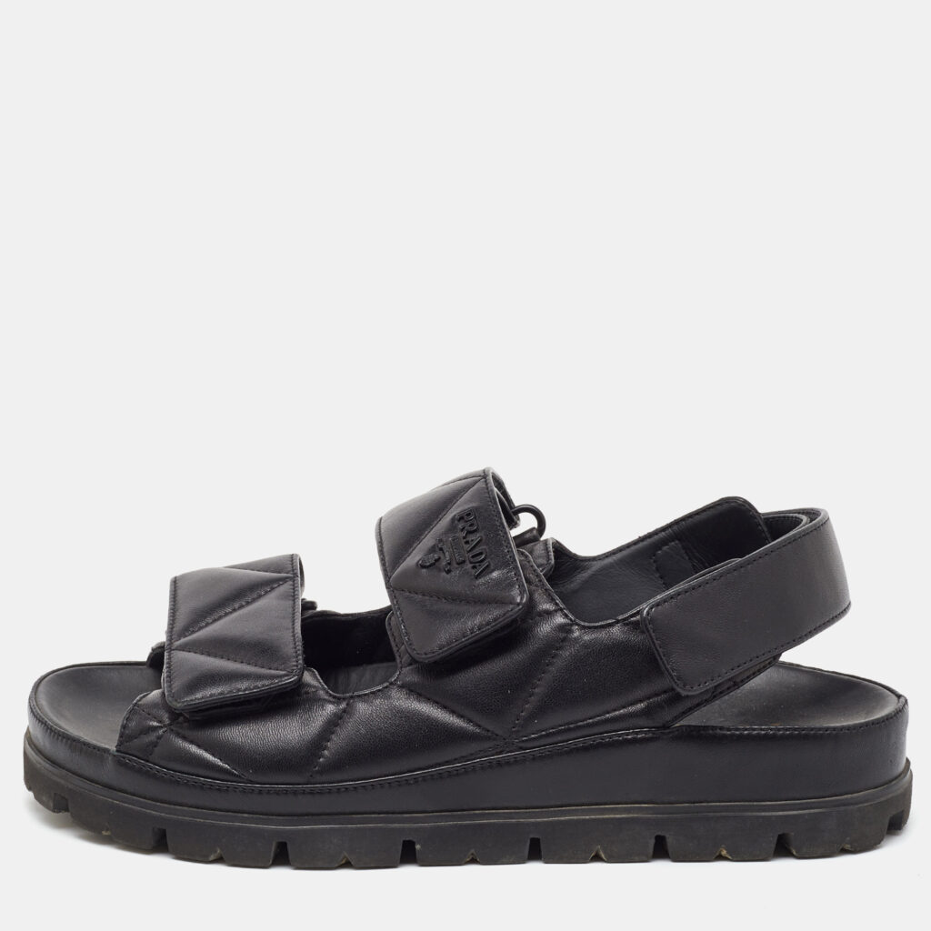 Prada Black Quilted Padded Leather Ankle Strap Sandals Size 38