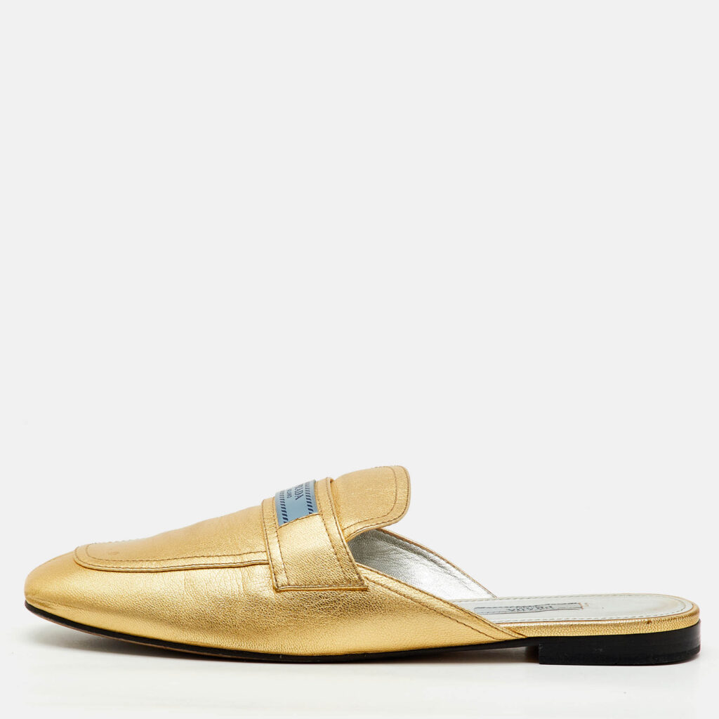Prada Metallic Gold Leather Flat Mules Size 42