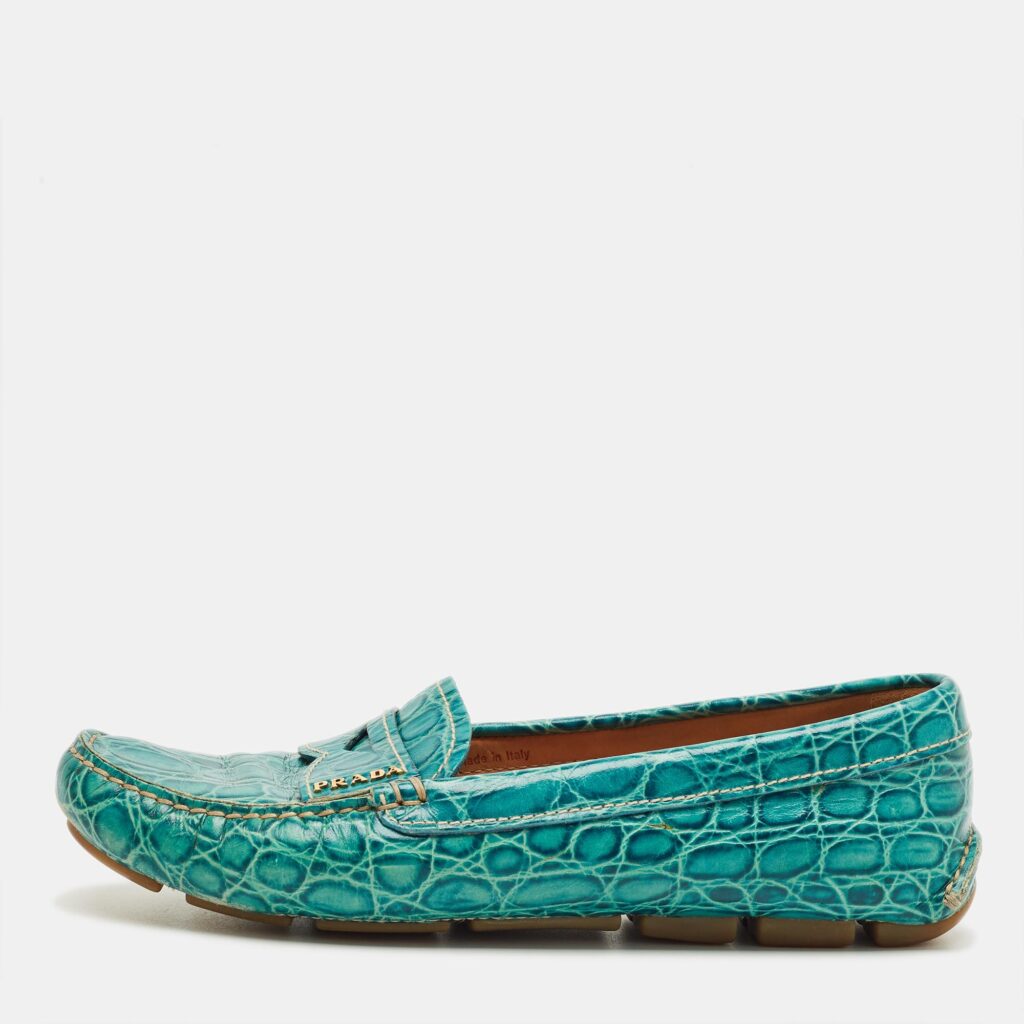 Prada Teal Crocodile Leather Penny Loafers Size 36.5 Prada Teal Crocodile Leather Penny Loafers Size 36.5