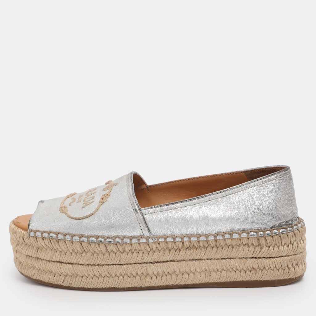 Prada Silver Leather Peep Toe Platform Espadrille Flats Size 36