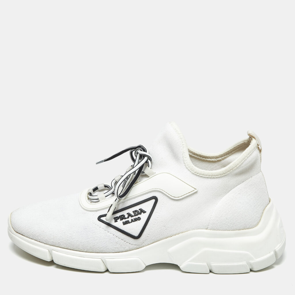 Prada White Knit Fabric Logo Low Top Sneakers Size 37.5 Prada White Knit Fabric Logo Low Top Sneakers Size 37.5