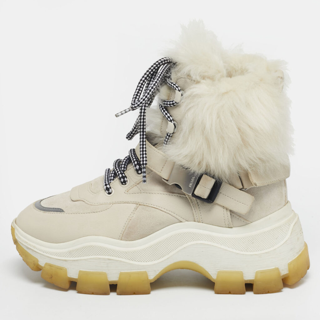 Prada Grey Leather and Shearling Hiking High Top Sneakers Size 38.5