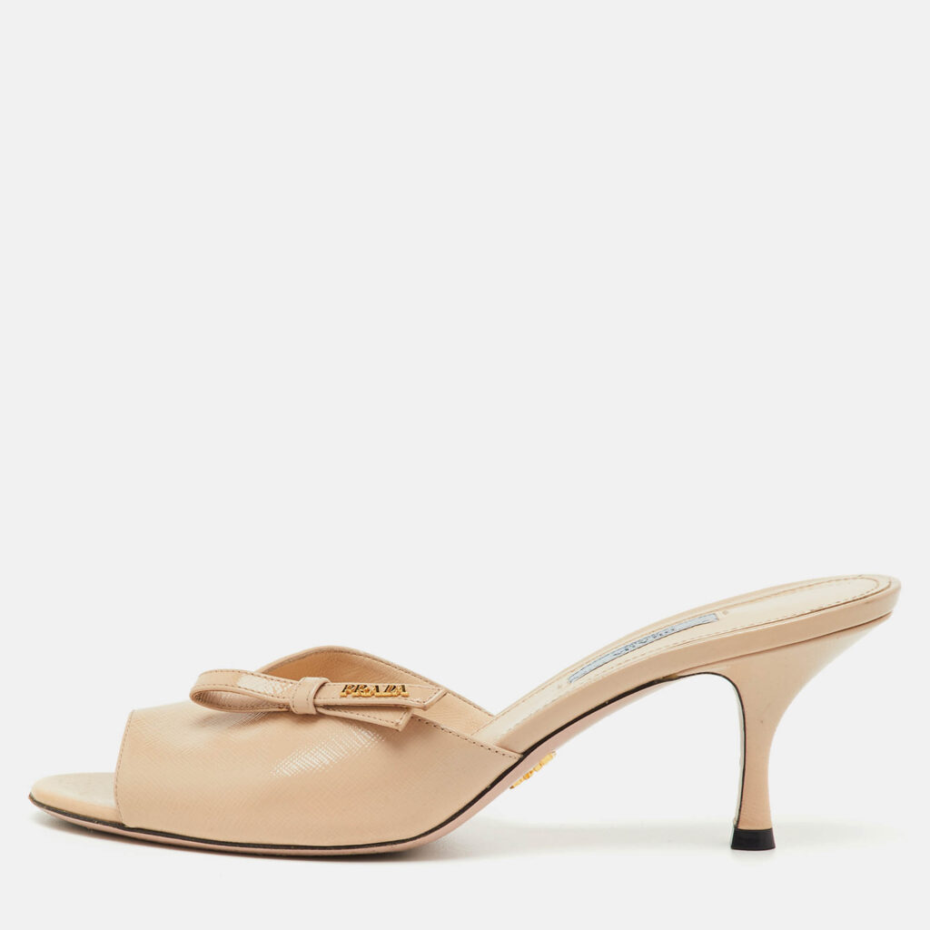 Prada Beige Saffiano Lux Leather Open Toe Bow Slide Sandals Size 40