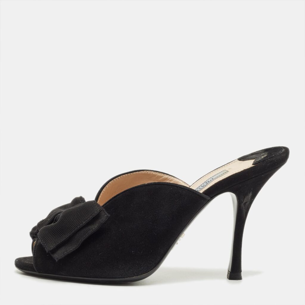 Prada Black Suede Grosgrain Peep Toe Mules Size 36