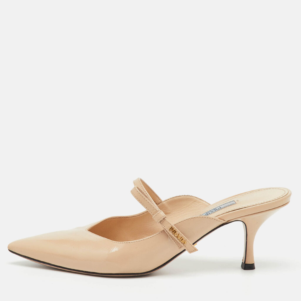 Prada Beige Saffiano Lux Leather Pointed Toe Bow Mules Size 40 Prada Beige Saffiano Lux Leather Pointed Toe Bow Mules Size 40