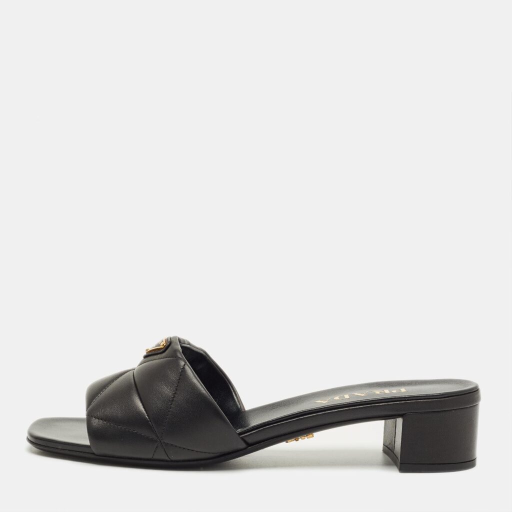 Prada Black Quilted Leather Block Heel Slide Sandals Size 40.5