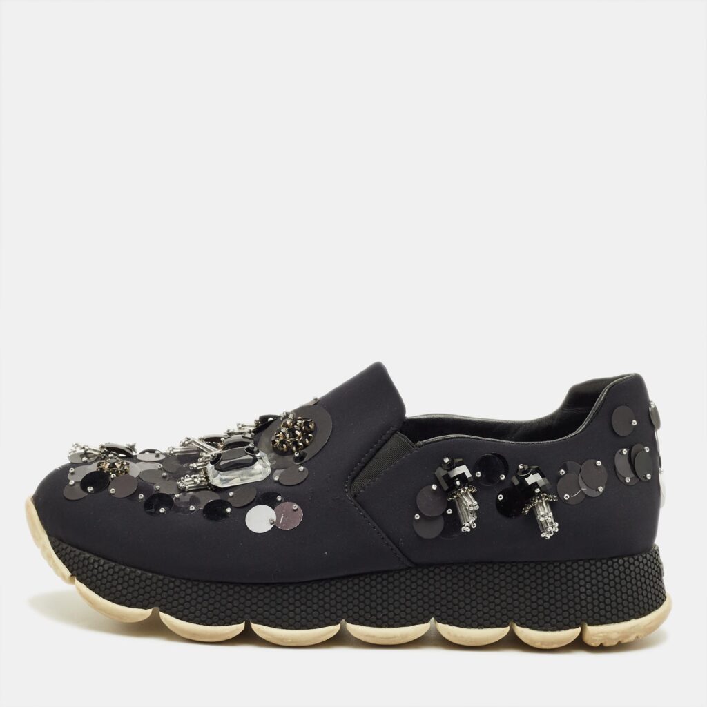 Prada Navy Blue Neoprene Crystal Embellish Slip On Sneakers Size 37