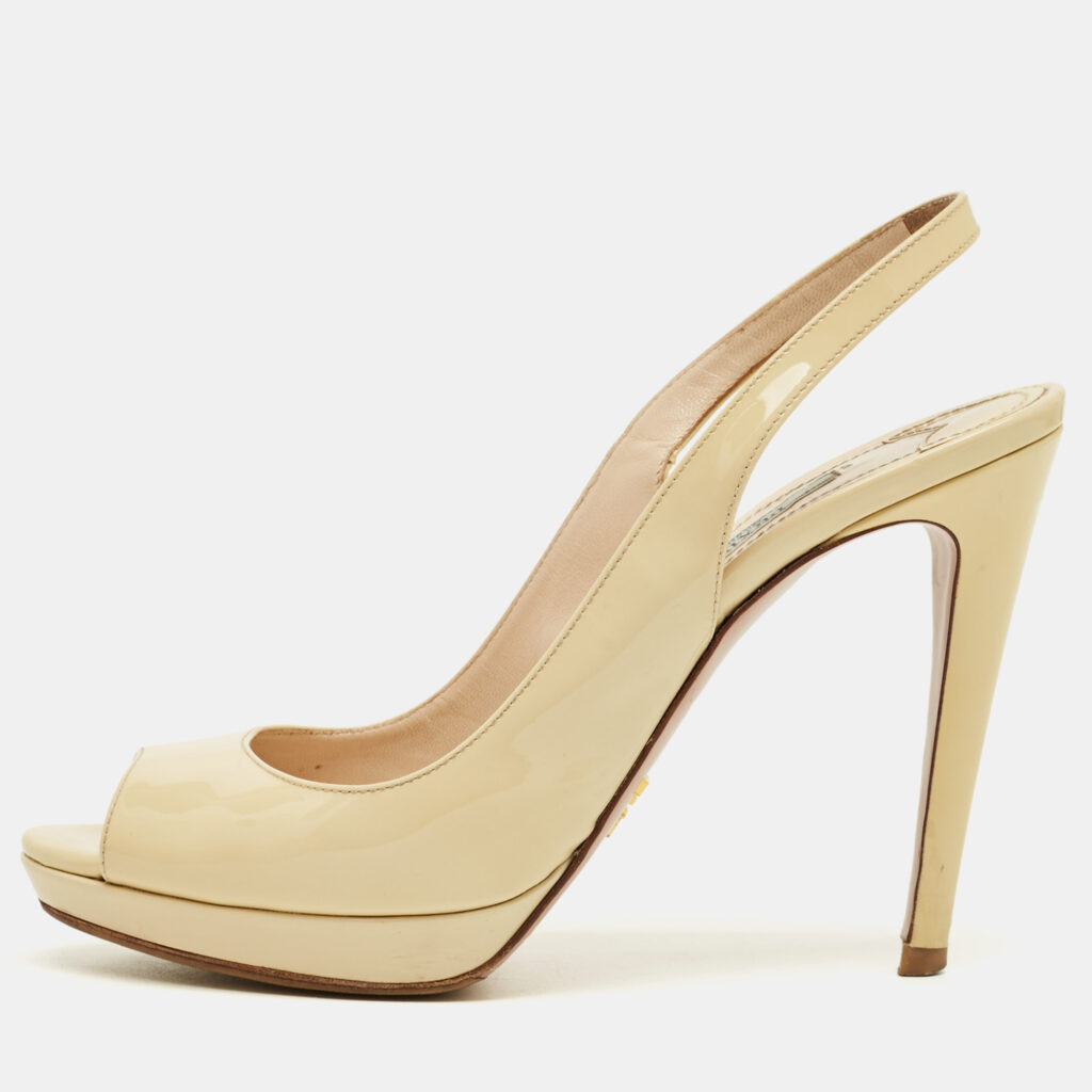 Prada Cream Patent Leather Peep Toe Slingback Pumps Size 38.5 Prada Cream Patent Leather Peep Toe Slingback Pumps Size 38.5