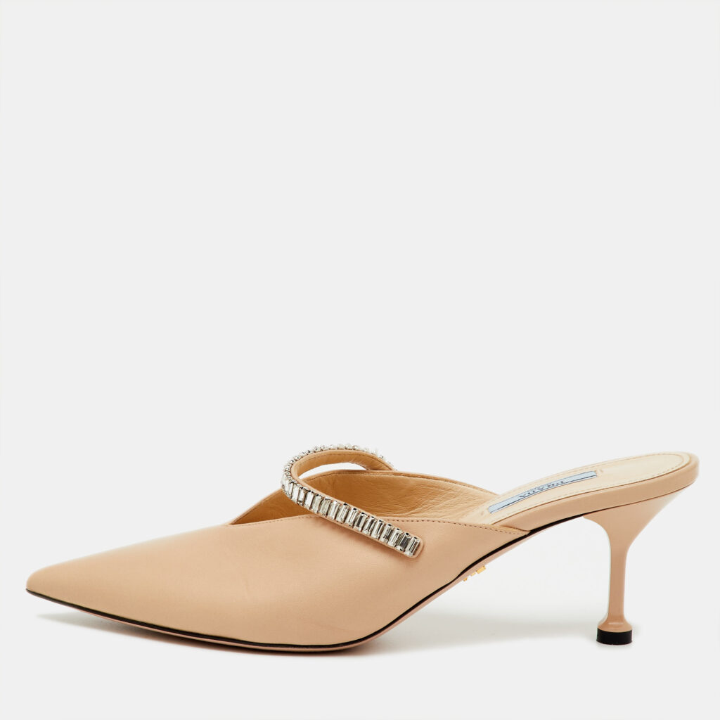 Prada Beige Leather Pointed Toe Crystal Embellished Mules Size 40
