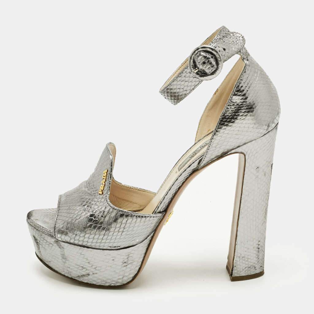 Prada Metallic Silver Python Embossed Leather Ankle Strap Platform Sandals Size 38.5 Prada Metallic Silver Python Embossed Leather Ankle Strap Platform Sandals Size 38.5