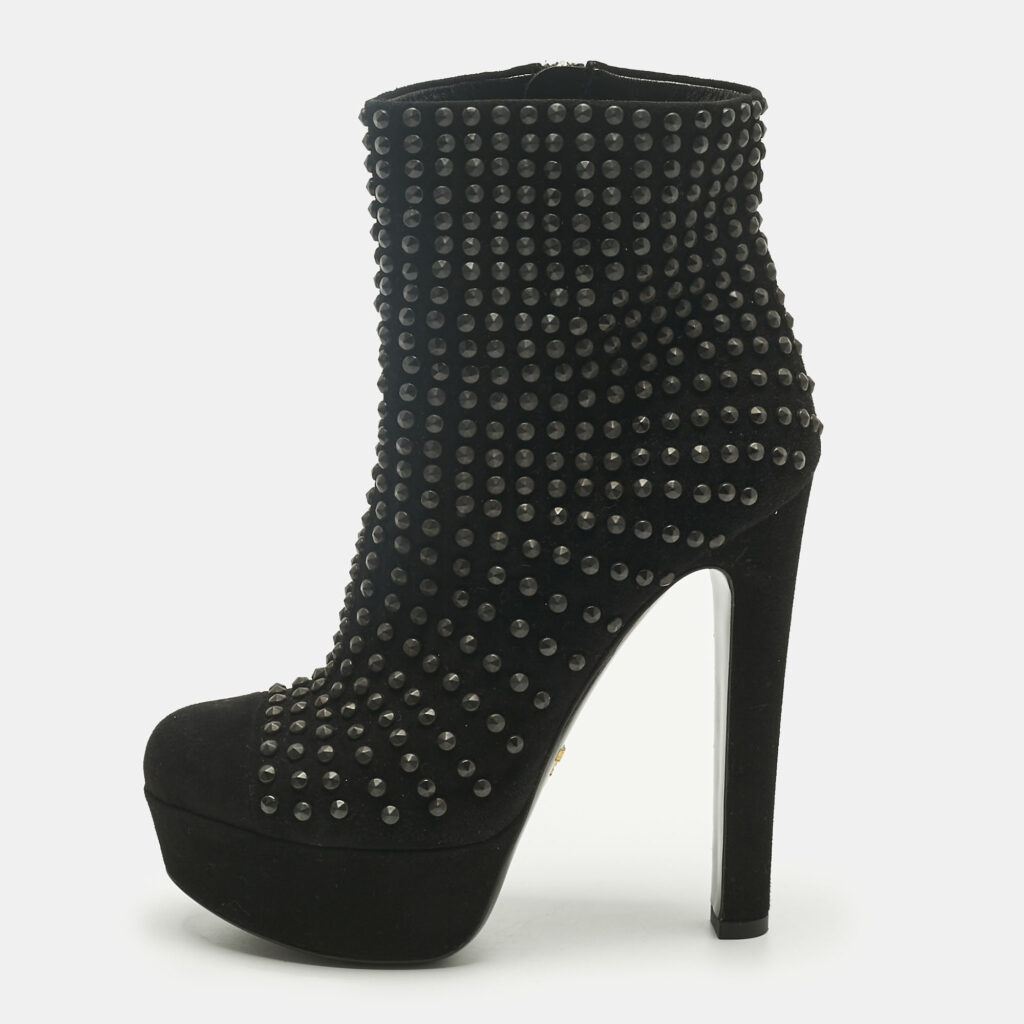 Prada Black Suede Stud Embellish Platform Ankle Length Boots Size 37