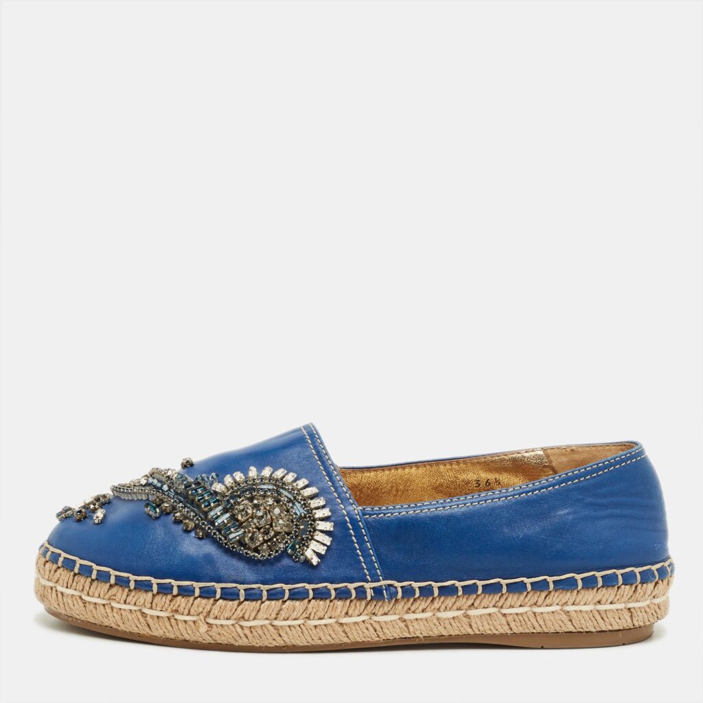 Prada Blue Leather Crystal Embellished Espadrille Flats Size 36.5 Prada Blue Leather Crystal Embellished Espadrille Flats Size 36.5